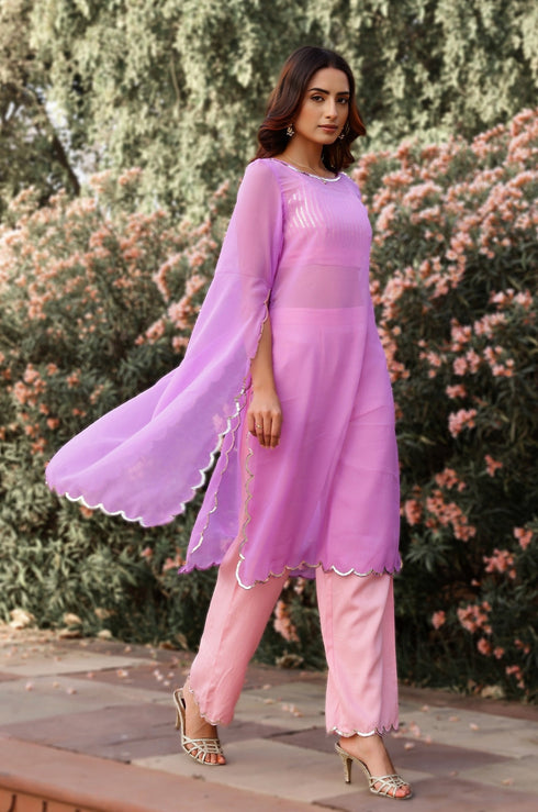 Lilac & Baby Pink Sequin Detailed Georgette Kurta-Pant Set